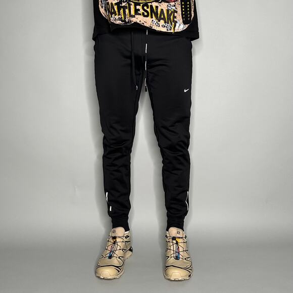 Nike Sweatpants Jet Black Polyester Joggers White Swoosh - Picture 2 of 4